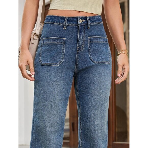 Wide Leg Jeans Women High Waist Vintage Hem Stretchy Straight Pockets - Picture 5 of 5